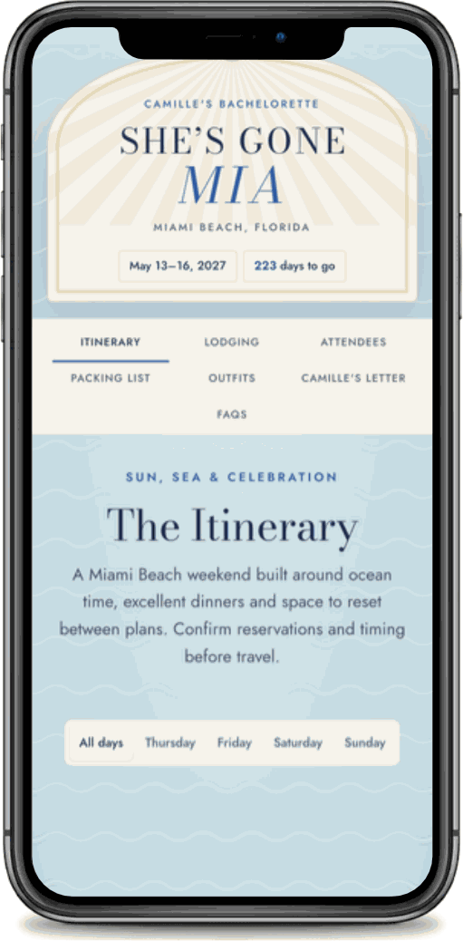 A beach themed bachelorette trip app shown on a phone
