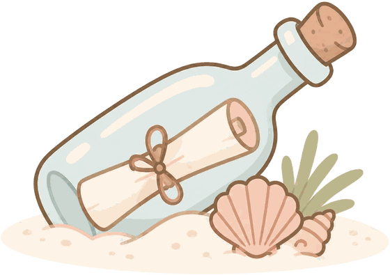 A message in a bottle resting on the sand