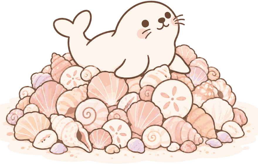Melly the seal lounging on a pile of seashells