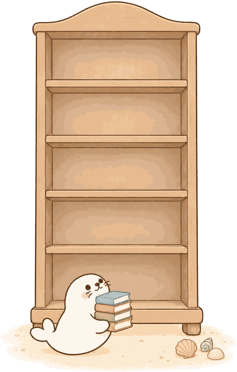 Melly the seal beside a tall wooden bookshelf, holding a stack of books