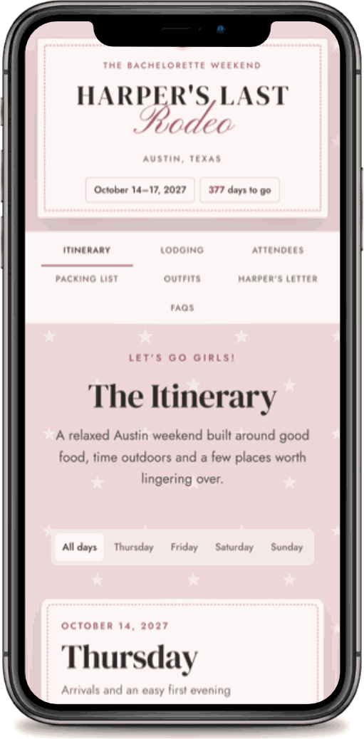 A western themed bachelorette trip app shown on a phone